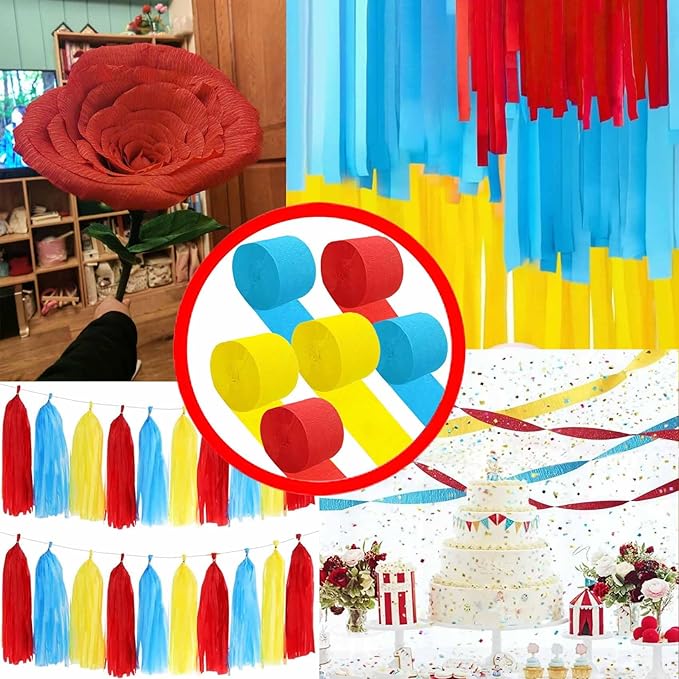 Red Blue and Yellow Crepe Paper 6 Pcs Streamers for Party Decorations, Birthday Wedding DIY Crafts, Gift Wrapping Supplies