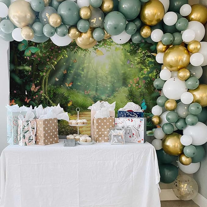 Mocsicka Enchanted Forest Banner Backdrop Fairy Magic Forest Party Decorations Banner Butterfly for Kids Girls Wonderland Background for Photography (Green, 120x96 inch)