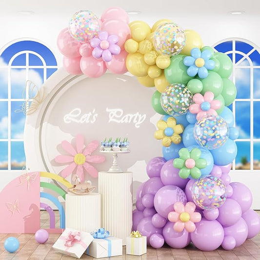 HILAVO Pastel Balloon Arch Kit Macaron Pink Blue Green Purple Yellow Pastel Color Rainbow Confetti Latex Party Balloons Garland for Easter Birthday Baby Shower Graduation Wedding Party Decorations
