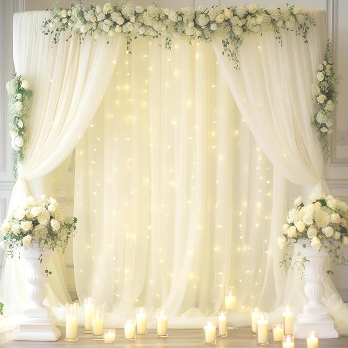 30x8ft Ivory Tulle Backdrop Curtain with Lights String for Parites, Sheer Backdrop Curtains for Wedding Baby Shower Birthday Party Photo Shoot Decorations