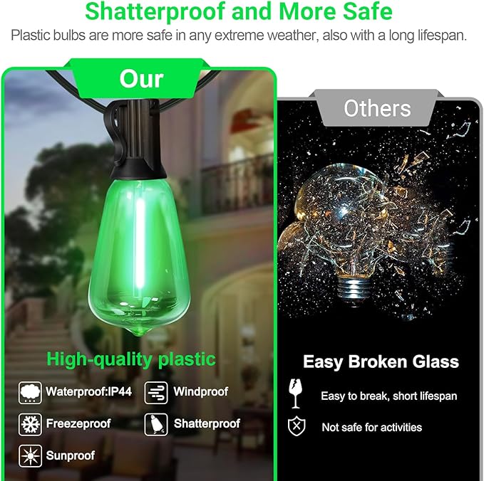 LAMPHOME 4-Pack 26Ft ST38 Green St Patrick's Day Patio Lights，Outdoor String Light with 12+1 Shatterproof LED Edison Bulbs, Waterproof String Lights for Bistro Christmas Party Decor