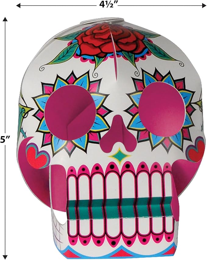 Beistle 6 Piece Three Dimensional Sugar Skull Day Of The Dead Centerpieces - Eye-Catching Dia De Los Muertos Party Decorations, Made In USA Since 1900