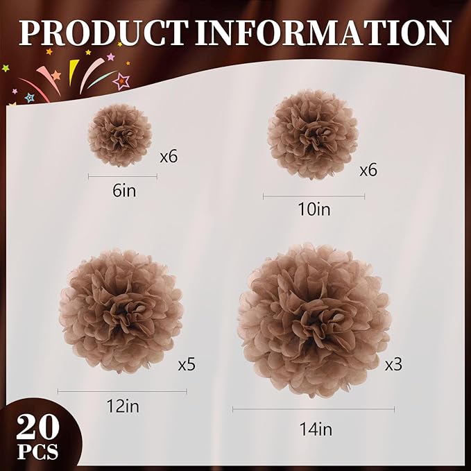 20 PCS Coffee Tissue Paper Pom Poms, Tissue Pom Poms Flowers, Sizes of 6", 10", 12", 14" Hanging Paper Flower Ball for Wedding, Birthday, Halloween, Christmas, Baby Shower Party Decor