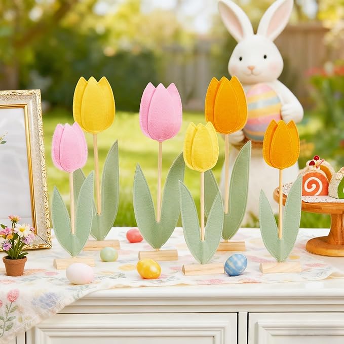 SUNBEAUTY 6Pcs Spring Tulips Flower Table Decoration Tulip Felt Centerpiece Pink Yellow Orange Tulips Mothers Day Table Decorations Tabletop Signs for Easter Garden Home Party Mothers Day Decor