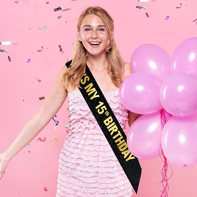 It's My 15th Birthday Sash for Boys Girls, Black Glitter Sash with Gold Foil
