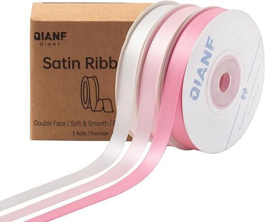 QIANF Pink Double Face Satin Ribbon 3/8 Inch x 45 Yards White Fabric Ribbon for Gift Wrapping, Flower Bouquets, Hair Bows Making, Wedding Decoration, Invitation Cards, Valentine's Day (3 Rolls *15Yd)