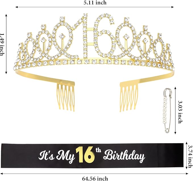 CAVETEE Gold Birthday Crown and Tiara for Women, Sash for Girls - Birthday Party Decoration