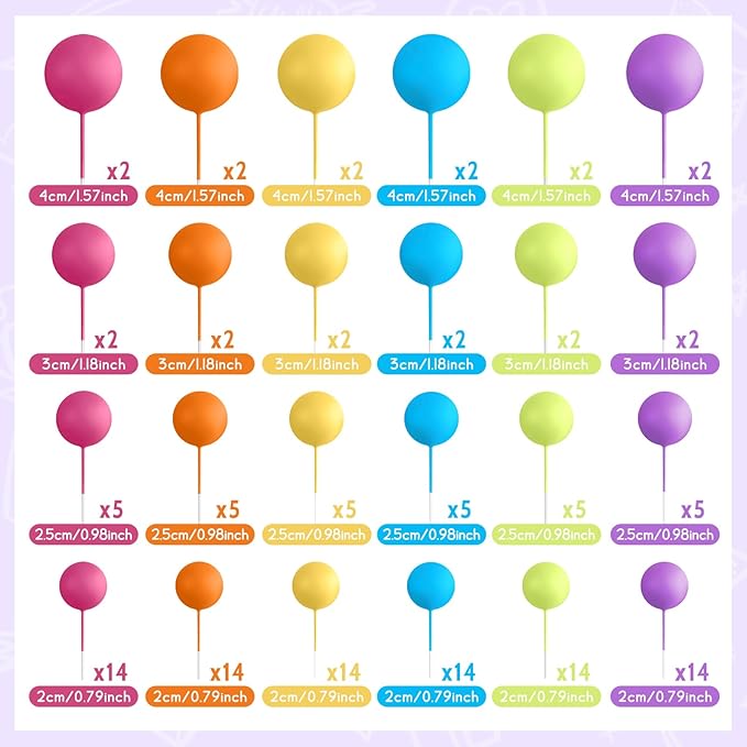 138 Pcs Balls Cake Topper Decorations Balloon Cupcake Toppers Foam Multisize Cake Topper Balls for Birthday Party Wedding Anniversary(Yellow,Blue,Rose,Green,Purple)