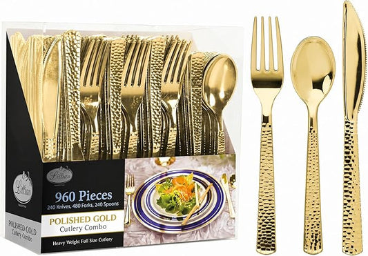 960 Piece Gold Plastic Silverware, Extra Heavyweight Disposable Cutlery Set, Full Size Gold Pebbled Flatware Combo, 480 Forks 240 Spoons 240 Knives, Bulk Party & Wedding Utensils