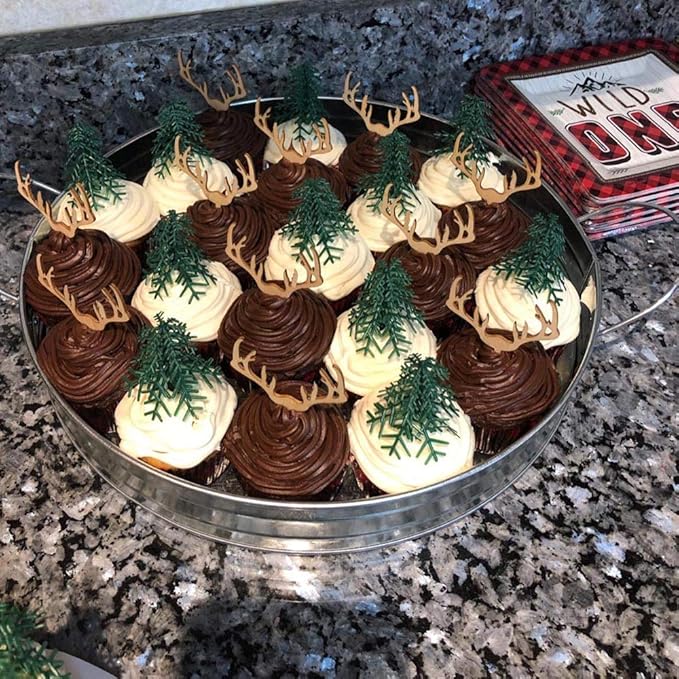 AUMIO Deer Cupcake Toppers Wooden Baby Shower Woodland Antler Cake Picks Party Decorations Wedding Hunting Boho Rustic Country Birthday Party Supplies Set of 24