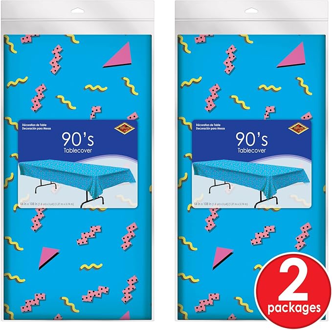 Beistle 90s Party Tablecovers, 2-Pack Plastic Rectangular Tablecloths, 1990’s Themed Table Decor for Birthday Parties, Throwback Events, and Retro Celebrations, Pastel Blue, 54" x 108