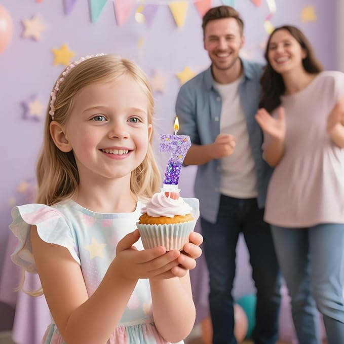 Purple Sequin Birthday Candles, Cake Number Candles, Girls 0th Birthday Decorations, Suitable for Birthday Parties, Anniversary Party Decorations(7)