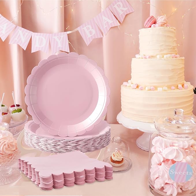 120 Pcs Pink Paper Plates and Napkins Party Supplies Bulk Disposable 7 Inch Scalloped Plates Cocktail Napkins for Wedding Bridal Baby Shower Birthday Decorations, Serve 60 Guests