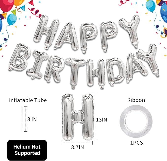 Silver Happy Birthday Balloon Banner, 16 Inch Foil Mylar Happy Birthday Balloons Letters, Reusable Happy Birthday Sign, Silver Birthday Decorations for Women, Men, Boys and Girls