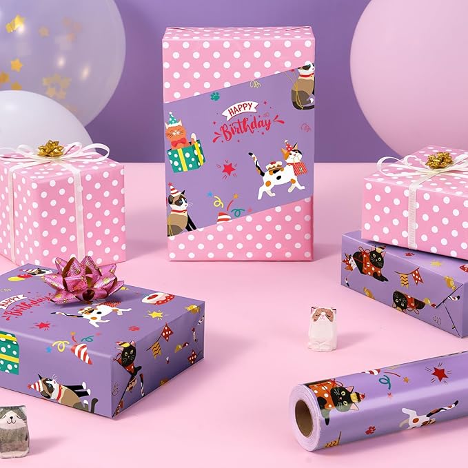 WERNNSAI Cat Birthday Wrapping Paper Roll - 1 Roll 17”x 66 ft Reversible Cat Gift Wrap Pink Purple Wrapping Paper for Girls Kids Birthday Party Gift Wrap with Polka Dot Design