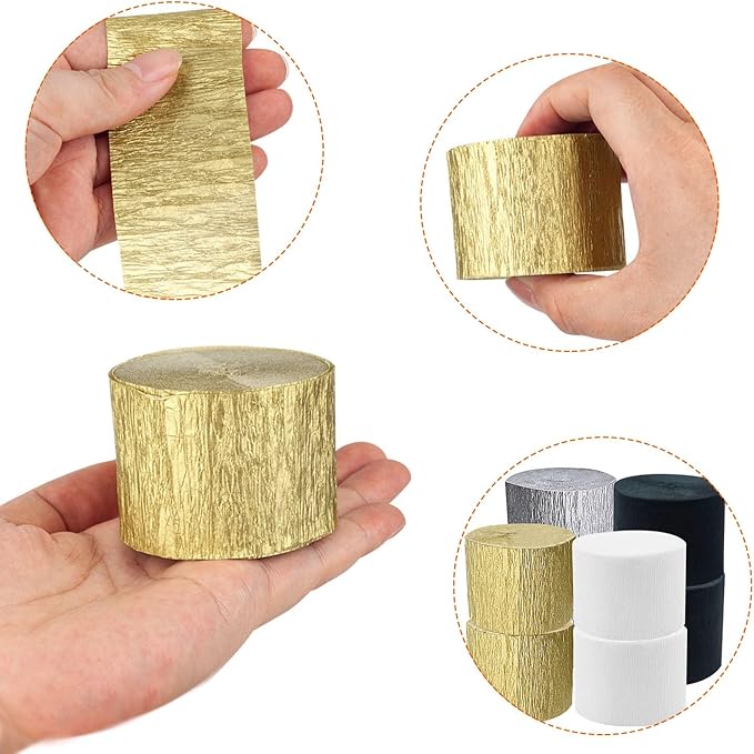 PheiLa Crepe Paper Streamers 4 Rolls 328ft, White Black Gold Silver Paper Party Streamers for Wedding Graduation Anniversary Birthday Baby Shower Backdrop Decoration Supplies