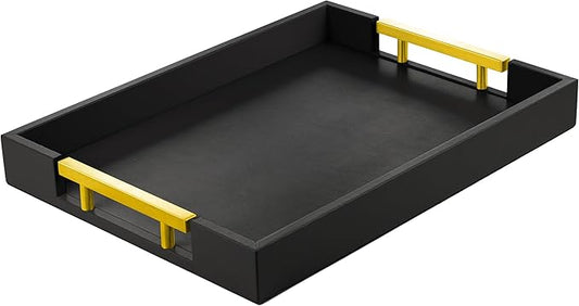 ATZYmolin Leather Serving Tray with Gold Polished Metal Handles, Home Decorative Wooden Rectangle Ottoman Decor Platter Bathroom Vanity Tray for All Occasions Black