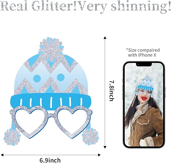 Glitter Winter Photo Booth Props Set,32pcs Winter Wonderland Decorations,Fun Snowman Snowflake Selfie Props Signs,Christmas Photo Backdrop Table Decorations for Holiday Birthday Party Favors Supplies
