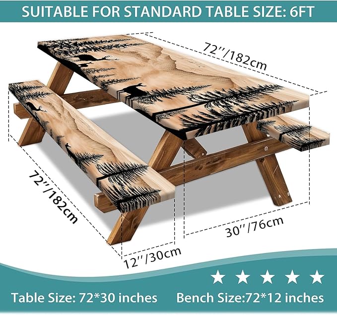 Picnic Table Cover with Bench Covers Camping Essentials Rustic Hunting Deer Forest Waterproof Windproof Camping Tablecloth Fitted Tablecloth Cover with Elastic Edge for Indoor Outdoor 3 PCS 30x72 Inch