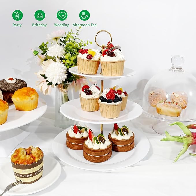 TP 3-Tier Cupcake Stand Melamine Serving Tray Unbreakable Dessert Stand Fruit Candy Display Tower for Wedding Birthday Tea Party and Baby Shower, White