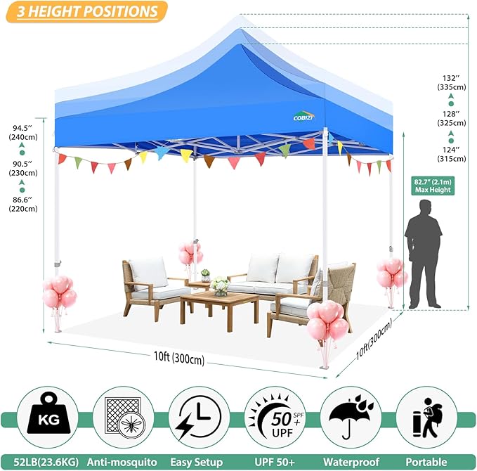 COBIZI 10x10 Canopy Tent with 4 Sidewalls,Heavy Duty Pop up Canopy with Mosquito Netting,Easy up Screen Tent for Parties Wedding Outdoor Camping with Handbag,Blue