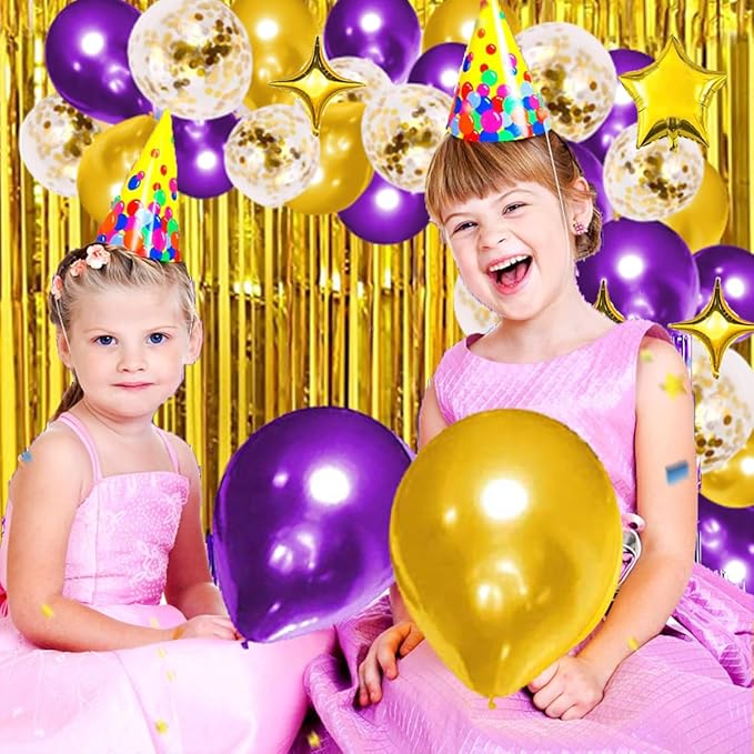Purple Gold Balloon Garland Arch - 124PCS Purple and Gold Balloons Gold Star Balloons Purple Tinsel Foil Fringe Curtain for Birthday Wedding Anniversary Graduation Party Decorations