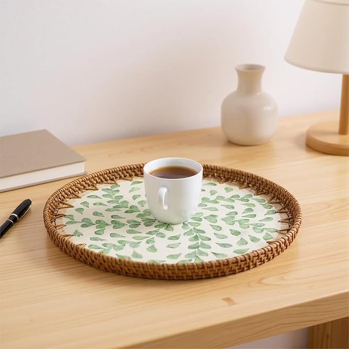 Round Rattan Tray with Mother of Pearl Inlay, Handwoven Wicker Coffee Table Serving Basket Tray for Fruit Snack Party Picnic Cafe Bedroom Kitchen Home Decor Set of 2 (Green Willow)
