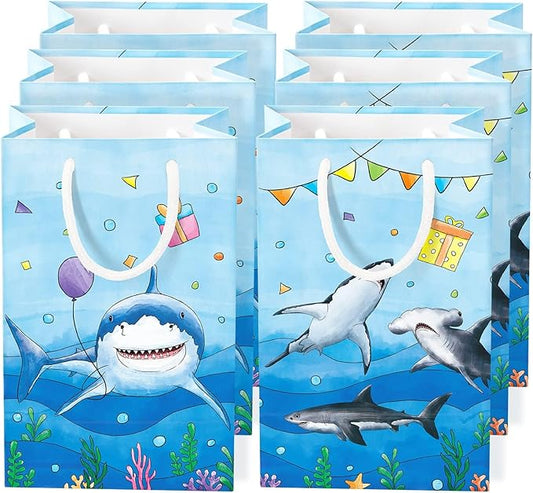 WERNNSAI 16Pcs Shark Party Favor Bags - Blue Shark Birthday Party Gift Bags for Kids Boys Under The Sea Birthday Decorations Shark Goodie Bags with Handle for Baby Shower Ocean Sea Party Supplies