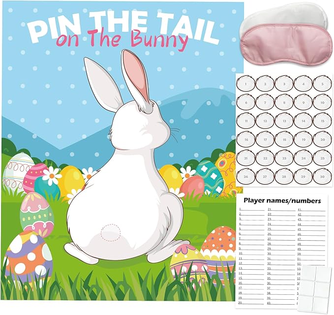 PARTYLOUD Pin The Tail on The Bunny, Easter Games, 30 PCS Easter Party Games Classroom Toddlers Preschool Party Supplies Favors for Boys Girls Adults