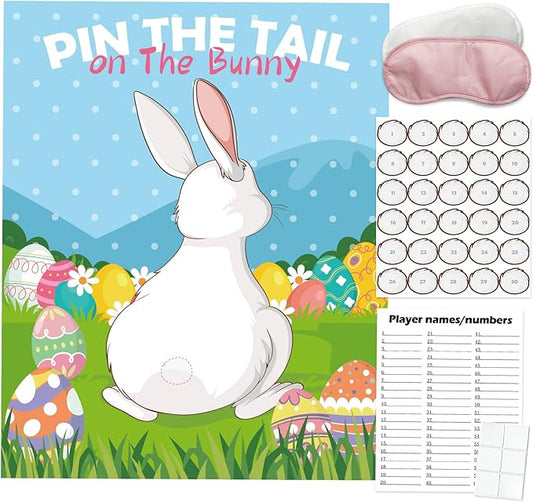 PARTYLOUD Pin The Tail on The Bunny, Easter Games, 30 PCS Easter Party Games Classroom Toddlers Preschool Party Supplies Favors for Boys Girls Adults
