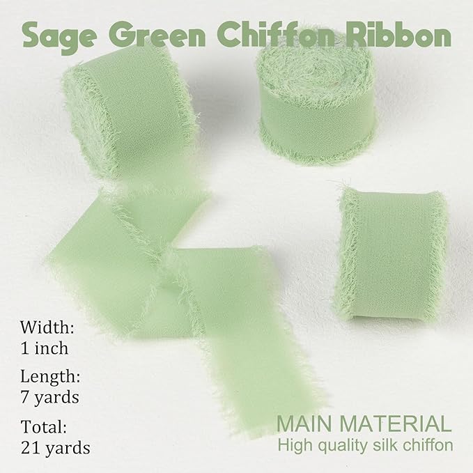 Sage Green Chiffon Ribbon - 1 Inch x 21 Yards, Handmade Fringe, Silk, Boho Frayed, for Gift Wrapping, Wedding Invitation, Bridal Flower Bouquets