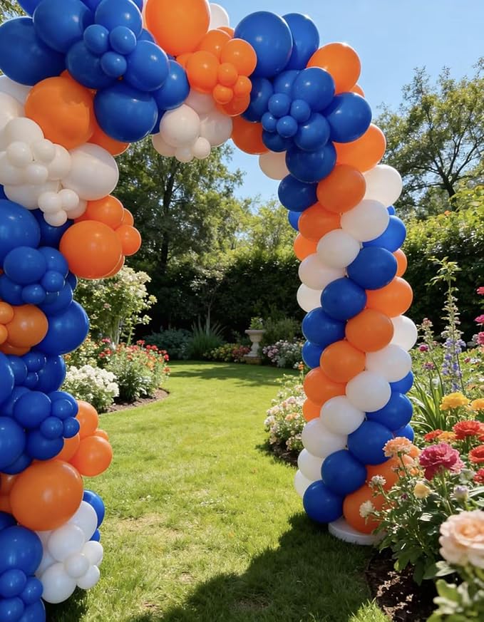 Blue and Orange White Balloon Arch Kit, 145Pcs Royal Blue Orange WhiteBalloon Garland kit, Different Size Balloons for Girl Birthday Anniversary Baby Shower Graduation Prom Party Decorations