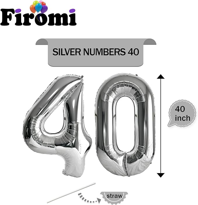 FIROMI 40 Number Balloons Silver Big Giant Jumbo Huge Foil Mylar 40 Balloon Numbers for 40th Birthday Party Anniversary Events Decorations 40-inches