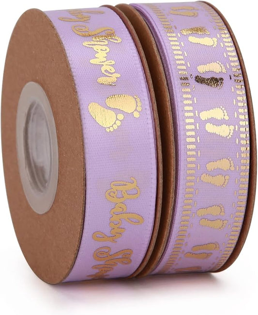 Meseey 20 Yards Baby Ribbon Foot Print Purple and Gold Ribbons for Crafts Cake Baby Shower Birthday,Gift Wrapping, Party Decoration (Purple)