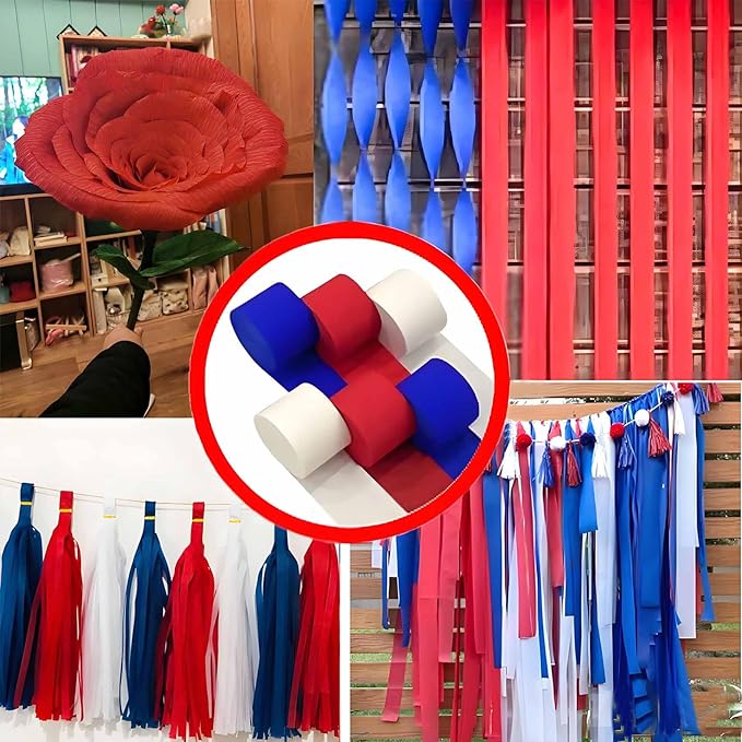 Red White and Blue Crepe Paper 6 Pcs Streamers for Party Decorations, Birthday Wedding DIY Crafts, Gift Wrapping Supplies