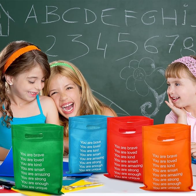 48 Pcs End of the Year Gifts Bags for Students Rainbow Reusable Goodie Treat Bags with Handles Bulk 11.5 x 9.5 Inches Inspiration Party Favor for Birthday Holiday Party Supplies