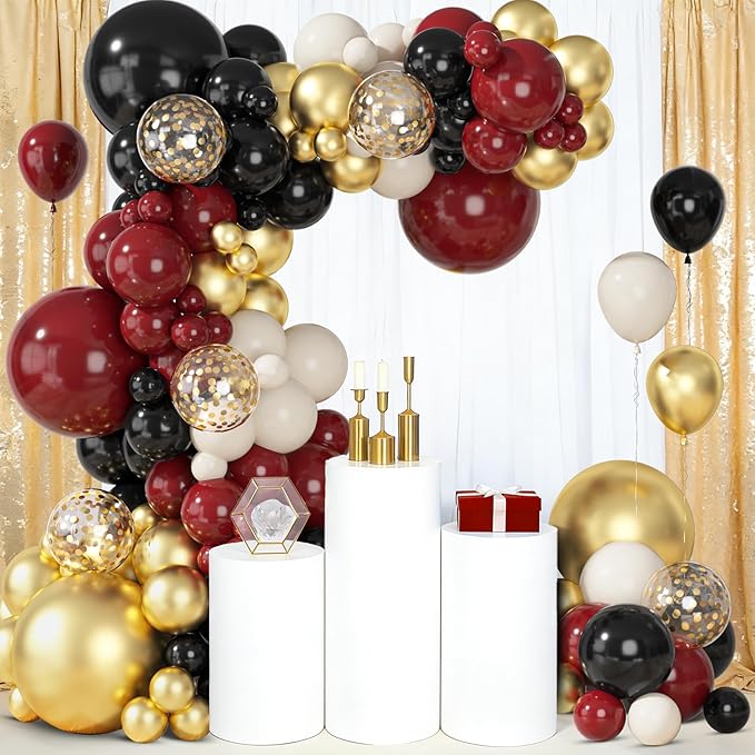 Ouddy Party 149Pcs Burgundy and Gold Balloon Garland Kit Different Sizes 18 12 10 5Inch, 6Pcs 18” Metallic Black Gold Confetti for Graduation Balloons Class of 2026 Decorations Birthday Party Decor