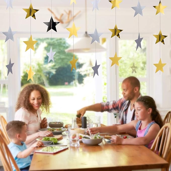 Patelai 130 Feet Glitter Star Garland Banner 2026 Party Decoration Double Side Star Hanging String Streamer Paper Twinkle for Graduation Wedding Birthday (Gold and Silver)