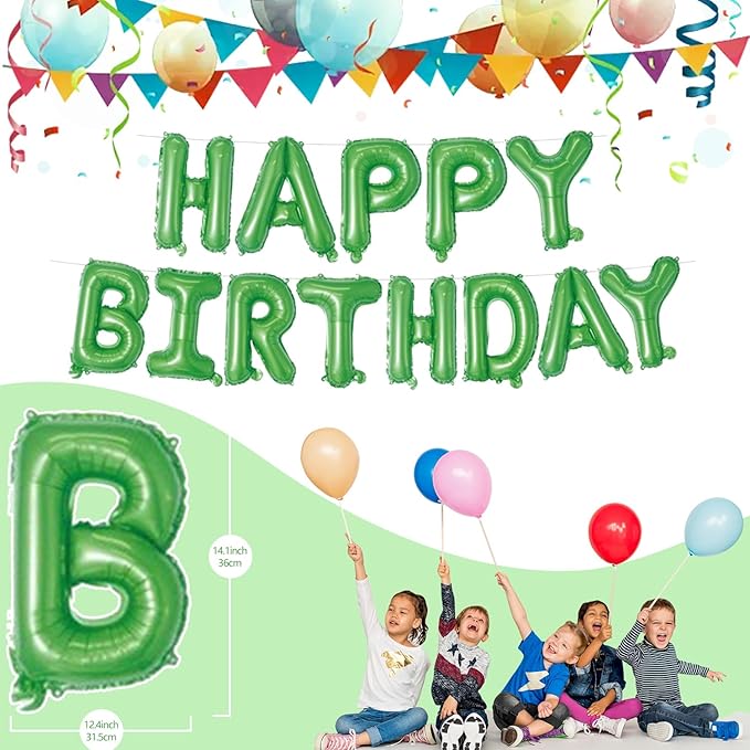 Green Happy Birthday Balloons Banner 16 Inch Mylar Foil Letters, Inflatable Party Decor and Birthday Decorations for Women, Men, Boys & Girls Kids and Adults, Reusable, Party Supplies