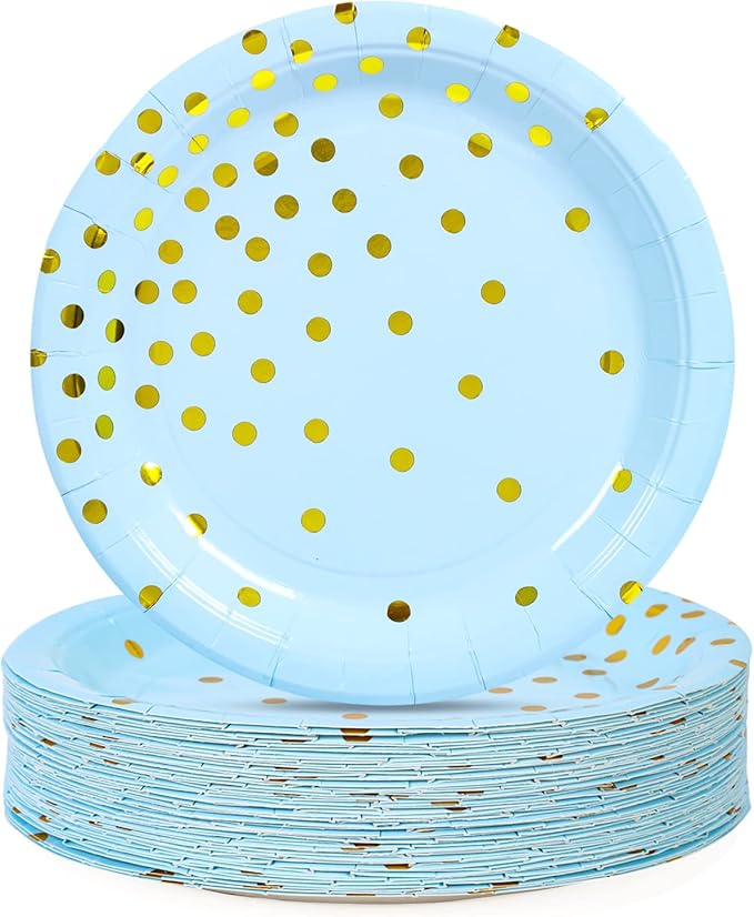Blue Gold Paper Plates 100PCS,Pink and Gold Dots Dessert Plates,Disposable Round Party Supplies great for Baby Shower,Birthday,Wedding,Bridal Showers(7inch)