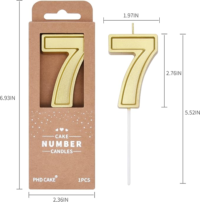 PHD CAKE 2.76 Inch Luxe Gold 7 Number Birthday Candles, Gold Number Candles, Cake Number Candles, Party Celebration