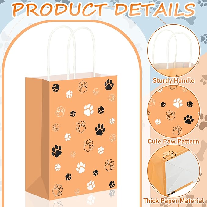 Kolldenn 24 Pcs Small Dog Party Favors Puppy Paw Print Gift Bags with Handles Small Gift Paper Bags Puppy Print Treat Goodie Shopping Handbags for Dog Birthday Party Favor Supplies