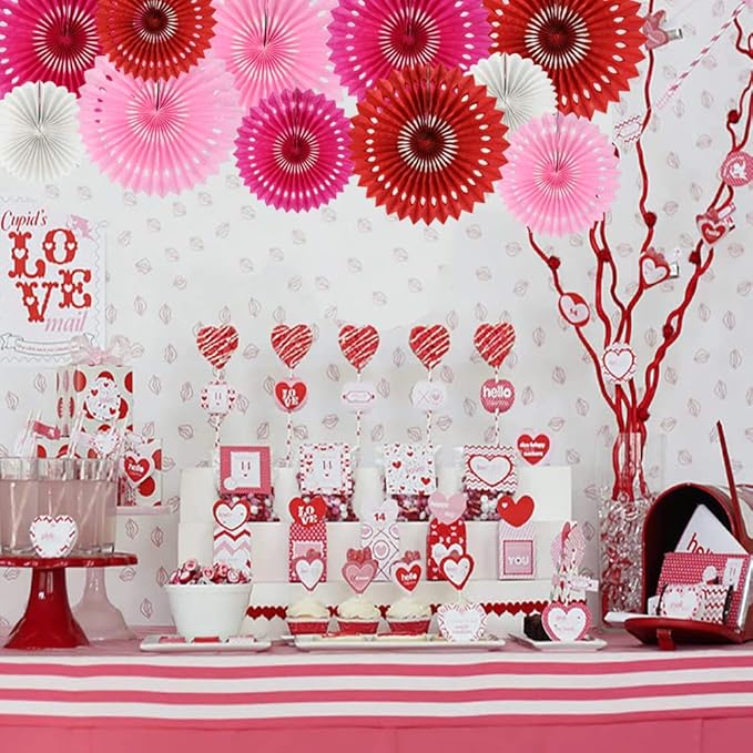 BEISHIDA Red Pink Rose Red Hanging Tissue Honeycomb Round Paper Fans Decor Kit for Birthday Girl Kid Shower Bachelorette Wedding Christmas Backdrops Anniversary Party Supplies（11 Packs）