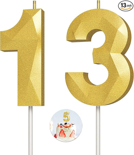 Number Birthday Candles(13 Candle Gold) 3D Diamond Shape Number Happy Birthday Cake Candles for Birthday Party Wedding Decoration Reunions Theme Party