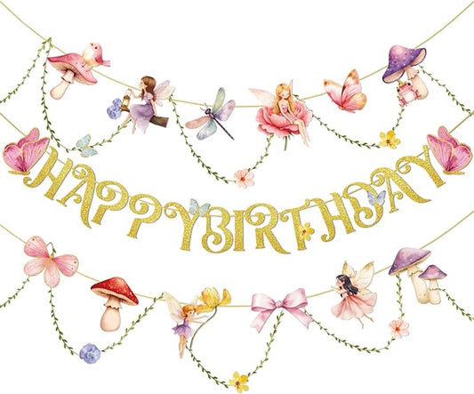 Paper Jazz Fairy Birthday Banner with Butterfly Fairy Party Decorations Mushroom Decor Fabric Vines Paper Garlands Decorations for Birthday,Garden Tea Party,Baby Shower.