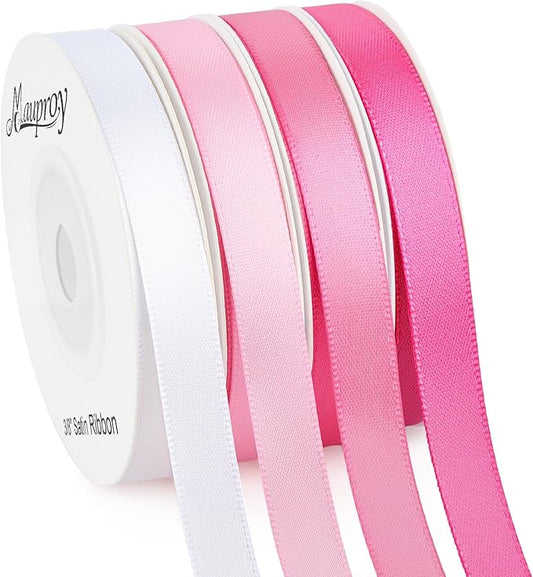 Mauproy 3/8 Inch Pink Satin Ribbon, 4 Rolls Total 40 Yards, Double Faced Mixed Pink Thin Ribbon for Gift Wrapping, Flower Bouquets, Crafts, Wedding, Graduation Decorations