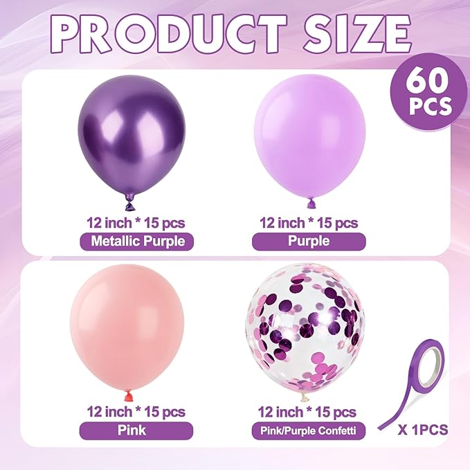 Pink and Purple Balloons Metallic Purple Balloon, 60 Pcs 12 Inch Latex Confetti Metallic Balloons with 1 Ribbon, Lavender Balloon for Birthday Wedding Baby Shower Bridal Shower Party Decorations