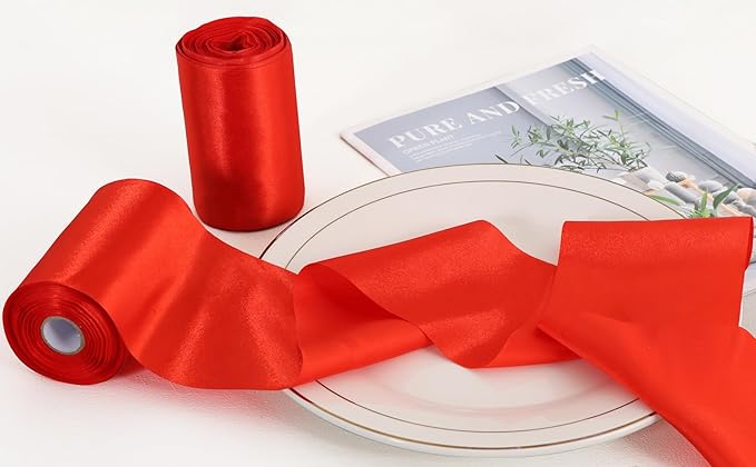 TONIFUL 6 inch x 22yd Wide Red Satin Ribbon Solid Fabric Large Ribbon for Grand Opening Cutting Ceremony Wedding Birthday Party Decoration Gift Craft Chair Sash Table Car Bows Indoor or Outdoor
