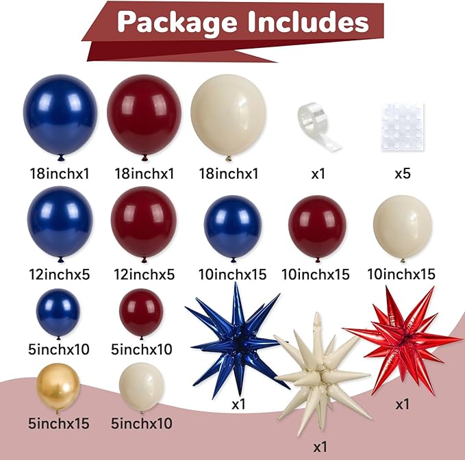 Red White Blue Balloons Arch kit 4th of July Navy Royal Blue Red Sand White Gold Balloon Star Foil Balloon for USA 250th Anniversary Independence Memorial Graduation Patriot Birthday Party Decoration