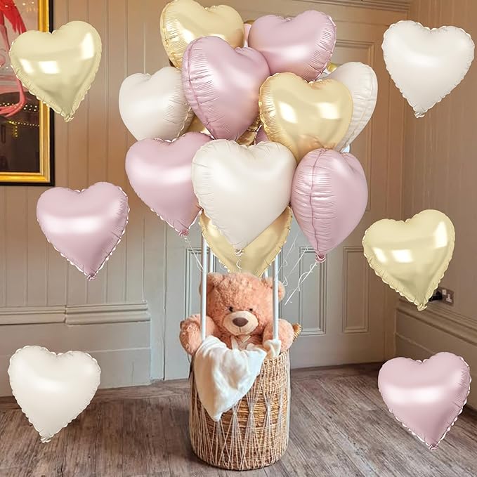 Dusty Pink Cream Heart Balloons, 12Pcs 18 Inch Retro Blush Pink Nude Apricot Beige Pastel Gold Neutral Heart Shape Foil Balloon for Birthday Wedding Baby Bridal Shower Valentines Party Decorations
